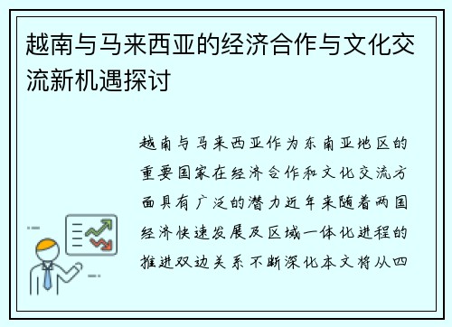 越南与马来西亚的经济合作与文化交流新机遇探讨